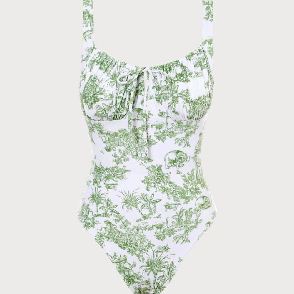 NWT Berlook Drawstring Ruched Green and White Swimsuit